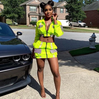 

Fashion Reflective Zipper Fly Two Piece Set Long Sleeve Turn-Down Collar Crop Top Skinny Mini Skirt Summer Casual 2 Pcs Outfits