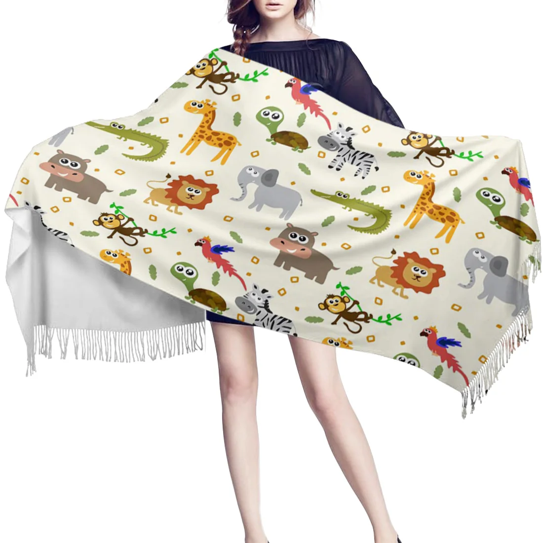 Цветной зимний шарф с изображением животных оленей черепашек и листьев Женский