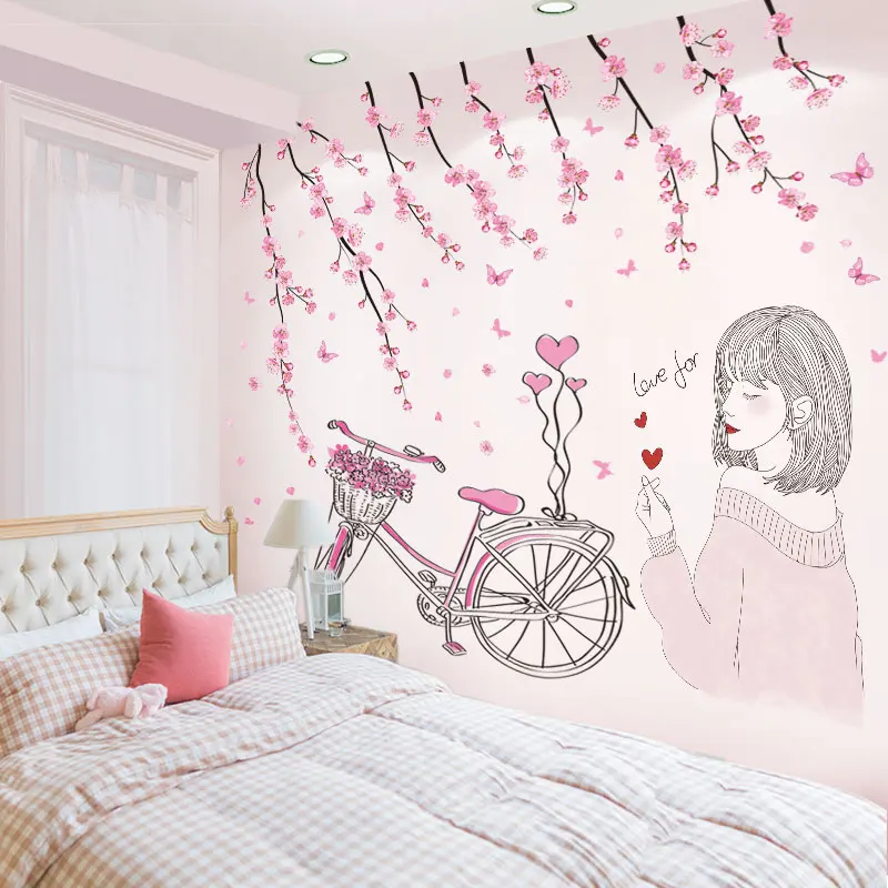 

[shijuekongjian] Cartoon Girl Wall Stickers DIY Peach Flowers Bicycle Mural Decals for House Kids Rooms Baby Bedroom Decoration