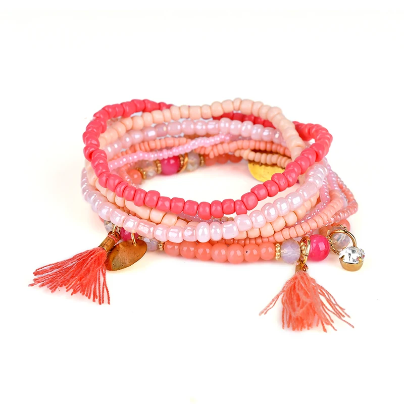 Ethnic Bohemian Tassel Beach Charm Bracelets For Women Boho Multilayer Beads Crystal Beaded Jewellery Bracelet Set Femme 2019