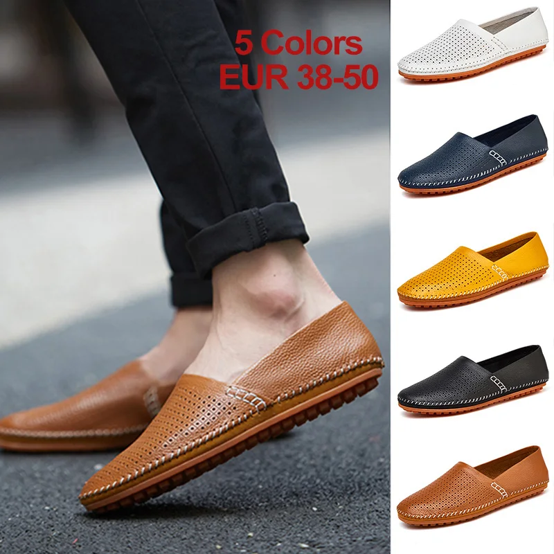 

SUOVEKGO Ultralight Handmade Leather Shoes Lazy Driving Slip on Men Shoes Breathable Ultrathin Bottom Casual Men Shoes