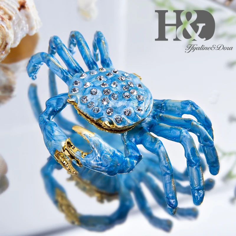 H&D Hand Painted Enameled and Bejeweled Blue Crab Trinket Box Ring Hinged Jewelry Collectible Figurine Christmas Decor for Home