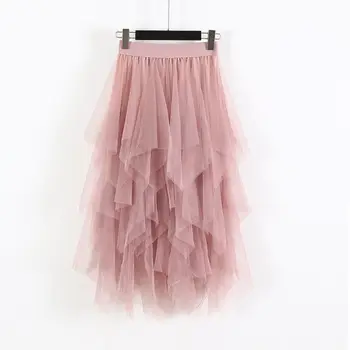 

2019 Mesh Stitching Long Skirt Solid Color A-line Skirts Women High Waist Elastic Women Irregular Skirts