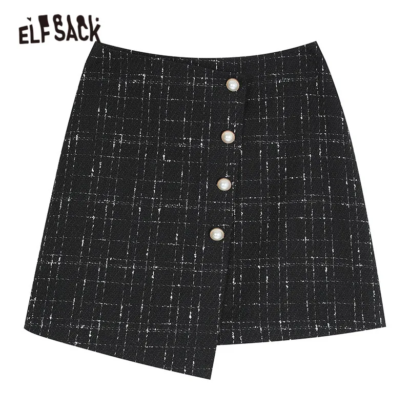 ELFSACK, разноцветная, в клетку, с одной пуговицей, с жемчугом, нестандартная юбка для женщин, зима, новинка, с оборками, на каждый день, для офиса, для девушек, юбки на каждый день
