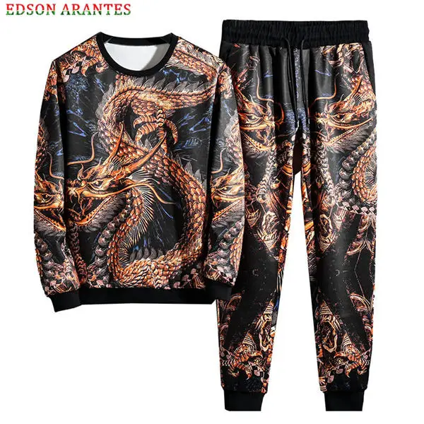 Dragon top pants set Зимняя спортивная одежда, мужские комплекты, китайский стиль, роскошный 3d принт дракона, толстовка+ штаны для бега, комплекты из 2 предметов, унисекс, хип-хоп спортивный костюм - Цвет: Dragon top pants set