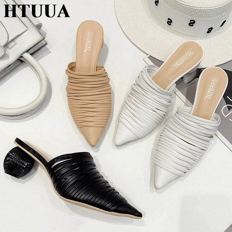 

HTUUA Women Mules Slippers 2019 Autumn Summer Strange Style Round Heels Mules Shoes Woman Slippers Slip On Slides SX3163