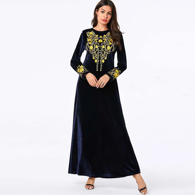 Теплый кафтан бархат abaya Дубай скромные Модные женские мусульманское длинное платье для девочки длинное зима осень темно-синий плюс размер abaya t хиджаб Халат - Цвет: Dark Blue  dress