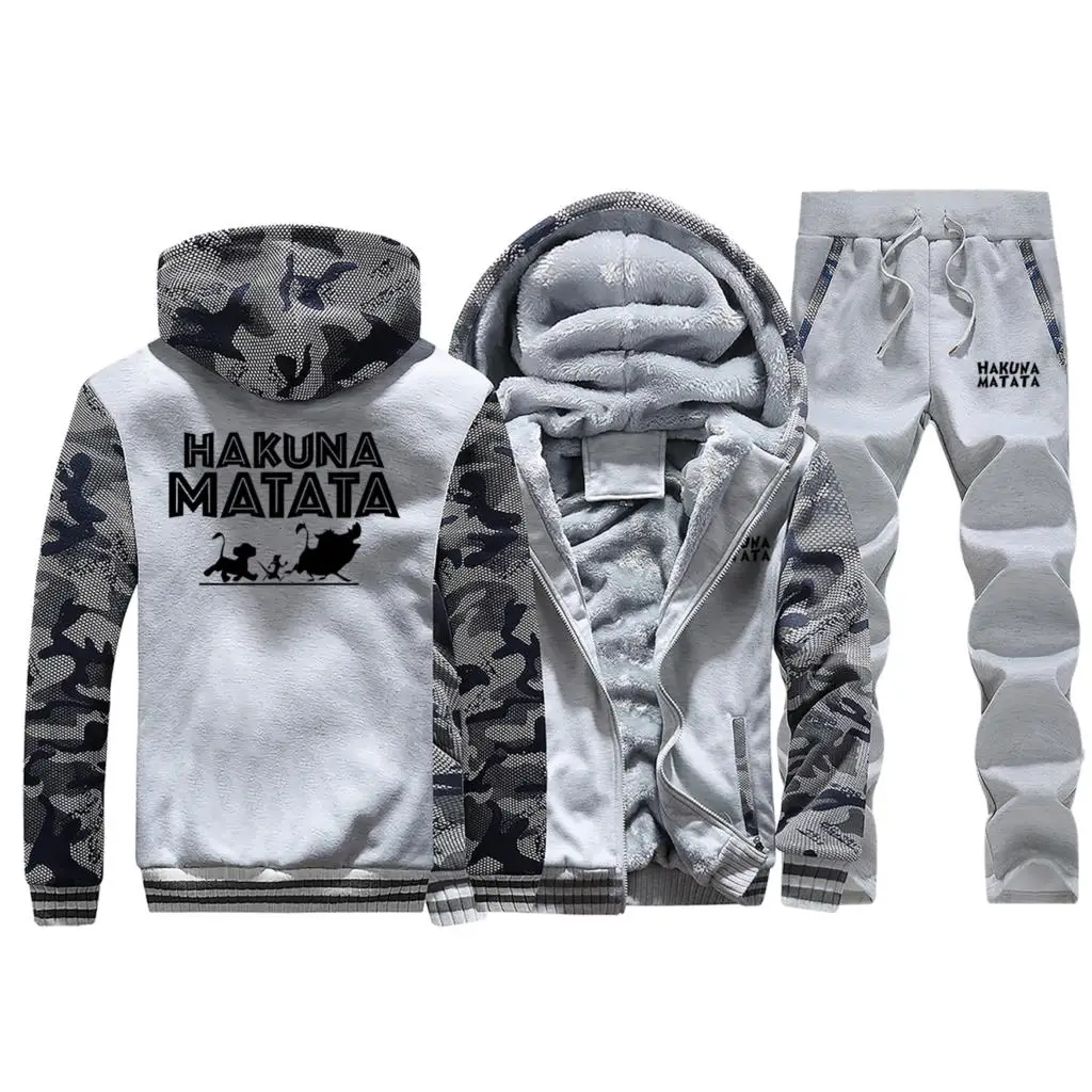 Light Gray 1 Спортивный костюм HAKUNA MATATA, куртка Король Лев, мужские брюки, зимние теплые мужские толстовки с капюшоном+ штаны, комплекты из 2 предметов, модная мужская Толстовка - Цвет: Light Gray 1