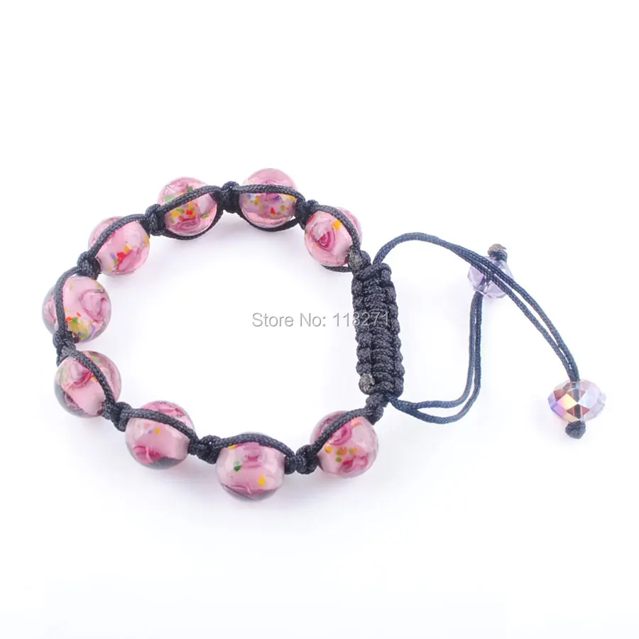 WOJIAER 12mm Lampwork Purple Glass Round Beads Crystal Healing Adjustable Braided Rope Beaded Bracelet for Women Jewelry PK759