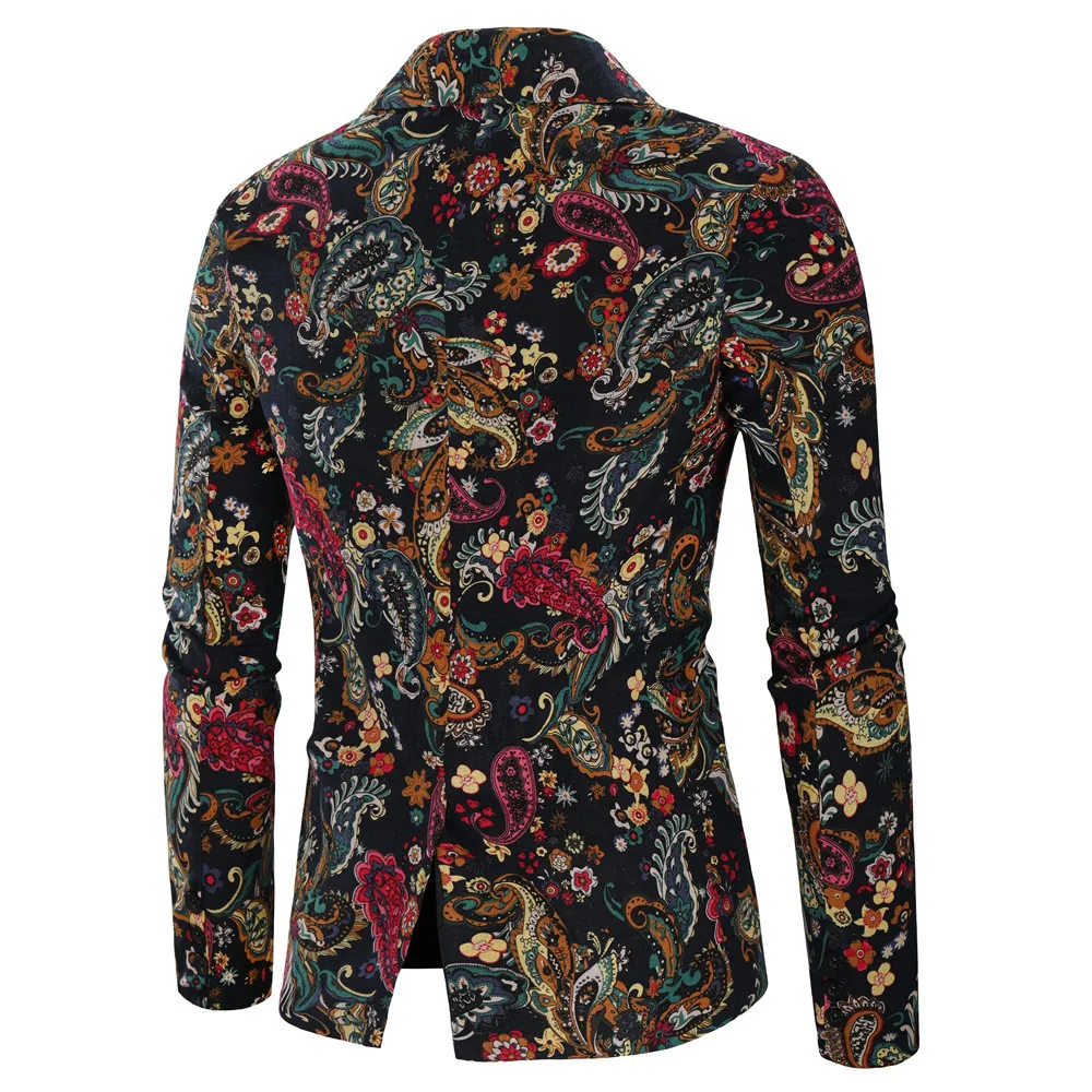 Fashion Men Slim fit Casual Blazers Men Nation Style 3D Flower Printed Long Sleeve Mens Suits Casual Lapel Party Club Tuxedo 2