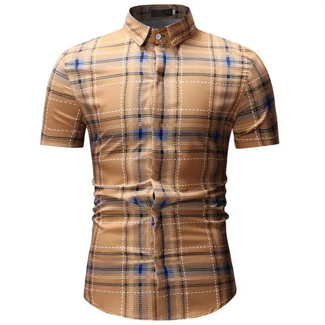Men's plaid pocket shirt new design men's slim short sleeve dress shirt casual men's shirt Chemise Homme Camisa Social XXXL - Цвет: YS17 khaki