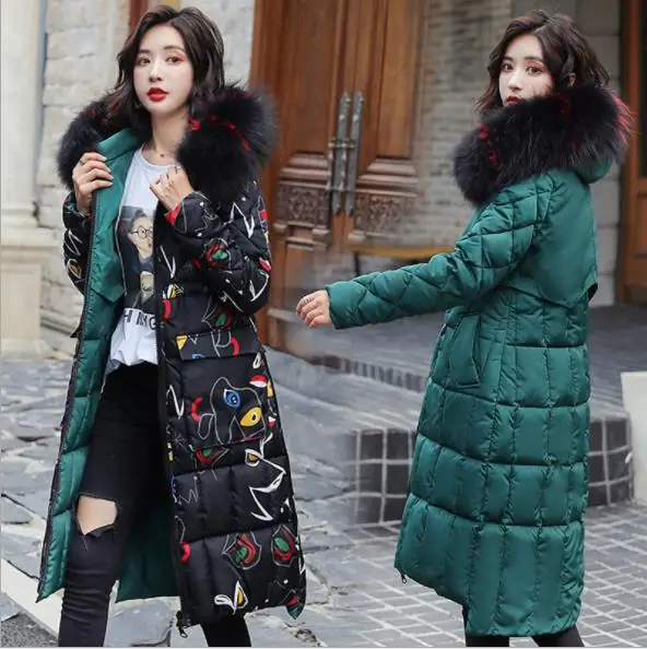 Dark Green Модный принт, зимняя женская куртка, двусторонняя, для ношения, пуховик, хлопковое пальто, женское, толстое, с капюшоном, с разноцветным меховым воротником, парки H053 - Цвет: Dark Green