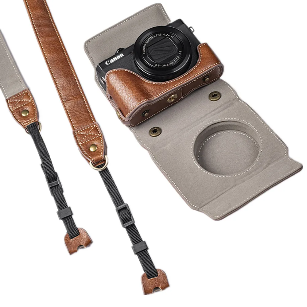 Base Fotocamera Pu + Coperchio + Cinturino Per Canon G7X Iii / G7 X Mark Iii