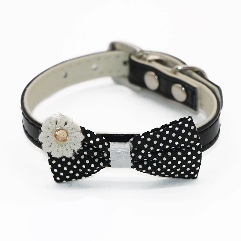 style 1 black Ошейник в горошек с бантом для маленьких собак из искусственной кожи регулируемые воротники-ожерелья XS-S размер стразы аксессуары для ошейника питомца - Цвет: style 1 black
