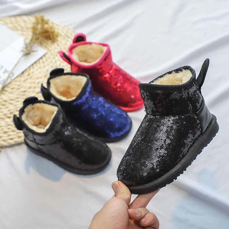 

MoneRffi 2019 Children's Snow Boots Girls Boys Warm Faux Fur Winter Boots Baby Cotton Shoes Sequins Booties Leather Kids Shoes
