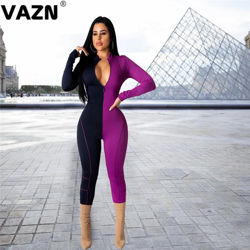 VAZN, 3 цвета, Эластичные Обтягивающие Длинные Комбинезоны, женские повседневные комбинезоны с длинным рукавом и v-образным вырезом, женские бандажные комбинезоны - Цвет: Фиолетовый