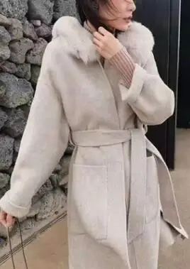 longer beige 6 цветов,, кашемировое пальто с капюшоном, Воротник из натурального Лисьего меха, шерстяной кардиган с поясом, большой размер, Женская двусторонняя шерстяная верхняя одежда - Цвет: longer beige