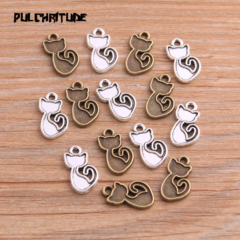 30 Uds. De abalorios de aleación de Metal de 9x15mm, colgante de animales de dos colores para gato pequeño para fabricación de joyería artesanal
