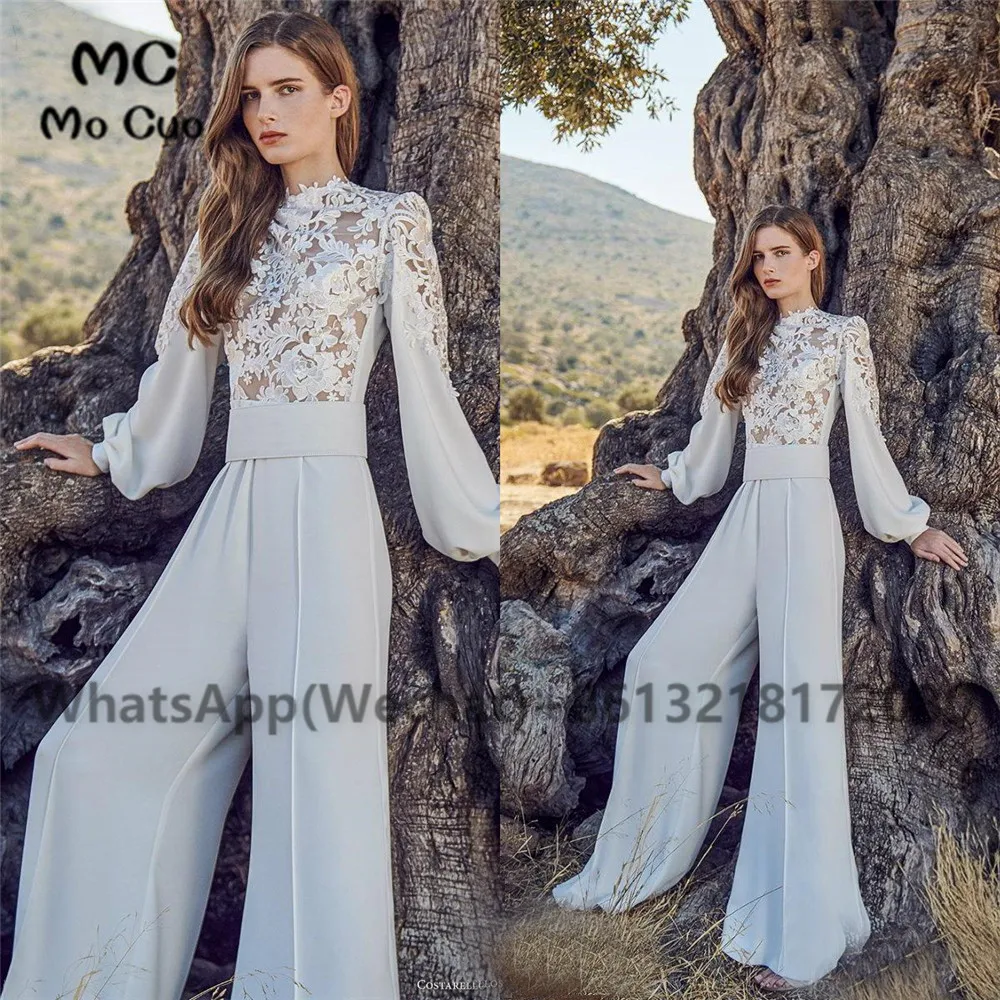 Elegant Wedding Jumpsuits High Neck Lace Long Sleeve Bohemian Wedding Dress Custom Made Pants Suit Beach Robes De Mariée (2)