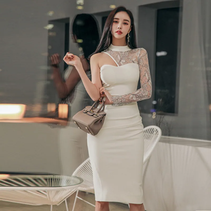 

Chic Korean Spring Sexy Lace Stitching Women Sheath Bodycon Dress Lady OL Business Party Simple Knee Length Slim Dresses