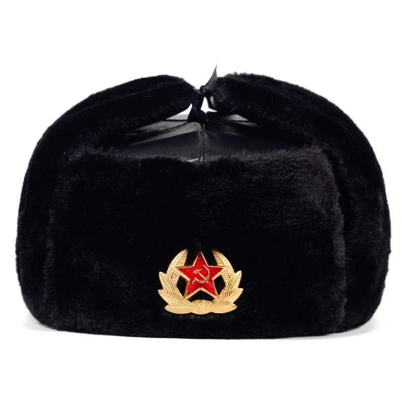 Soviet Army Military Badge Russian Pilot Hat Pilot Catcher Cavalry Hat Winter Artificial Rabbit Fur Earmuffs Men's Snow Hat leather bomber cap