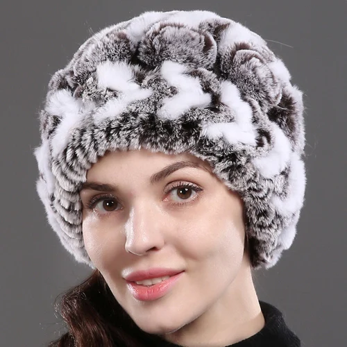 coffee and white Брендовые женские шапки из меха кролика Рекс, вязаные полосатые шапки из натурального меха кролика Рекс, зимние теплые шапки с цветами Skullies, меховая шапка - Цвет: coffee and white
