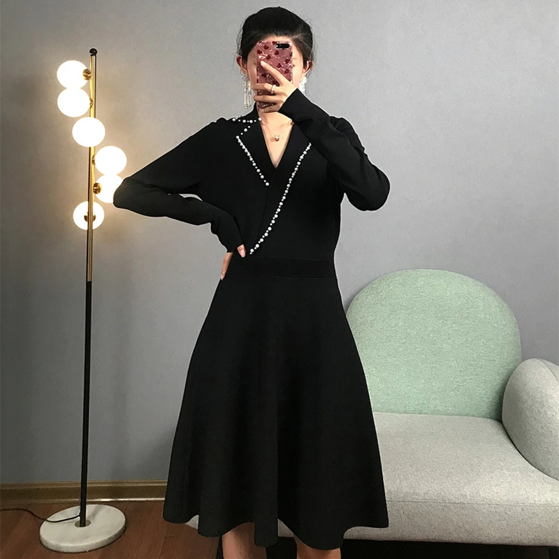 Женское платье с жемчужным бисером, вязаное, Vestido, элегантное, облегающее, роковой, тонкий, длинный рукав, пуловеры, для офиса, леди, Осень-зима