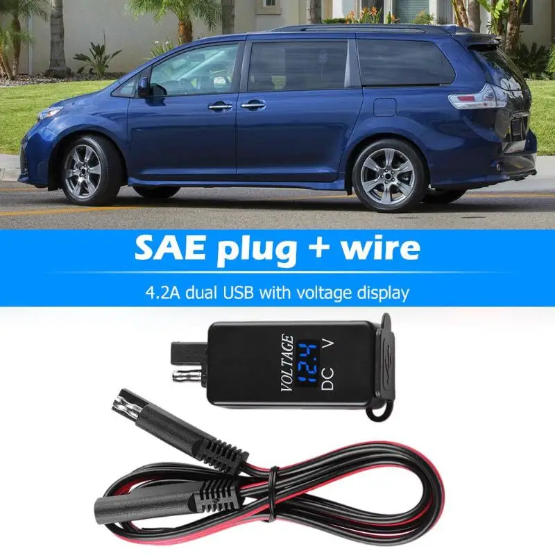 Водонепроницаемый Автомобильный мотоцикл SAE к двойному USB зарядному адаптеру с вольтметром