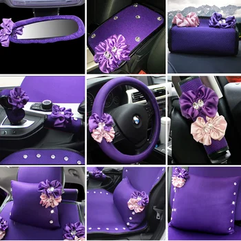 

purple floral full set version car neckpillow handbrake / gear / steering wheel cover for women interior accessories