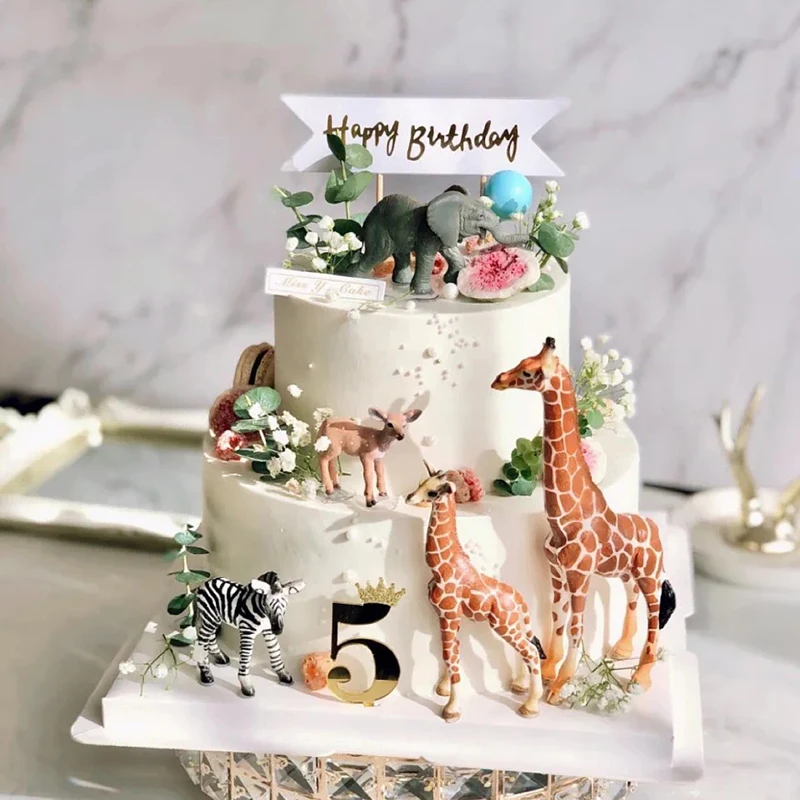 Forest Animal Birthday Cake Toppers - 3D Rubber Decorations With Lion, Giraffe, Zebra, Trees & More