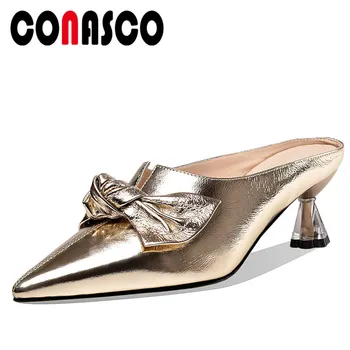 

CONASCO Elegant Fashion Mules Women Sandals Strange High Heels Summer Butterfly-Knot Casual Shoes Woman Genuine Leather Slippers
