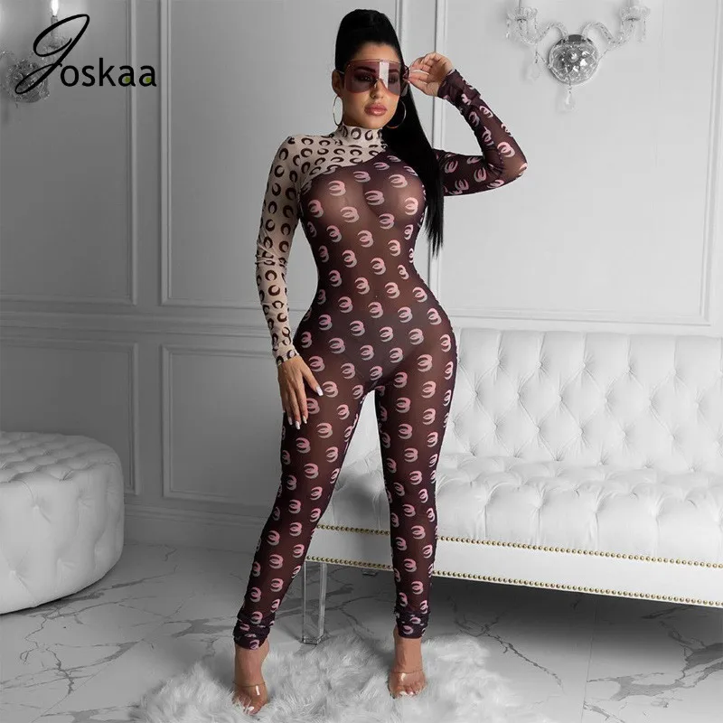 Joskaa Sexy Mesh sheer moon Crescent Printed patchwork turtleneck zipper bodycon bodysuit Sports nightclub women's Jumpsuit Joskaa Sexy Mesh sheer moon Crescent Printed patchwork turtleneck zipper bodycon bodysuit Sports nightclub women's Jumpsuit