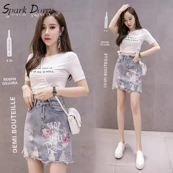 

SparkDora 2020 Perforated Sequin print high waisted skinny A-line wrap hip denim skirt S-2xl