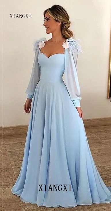 same as the picture Ciel bleu musulman robes de Soiree a-ligne Chery manches longues en mousseline de soie grande taille saoudien arabe dubaï - Цвет: same as the picture