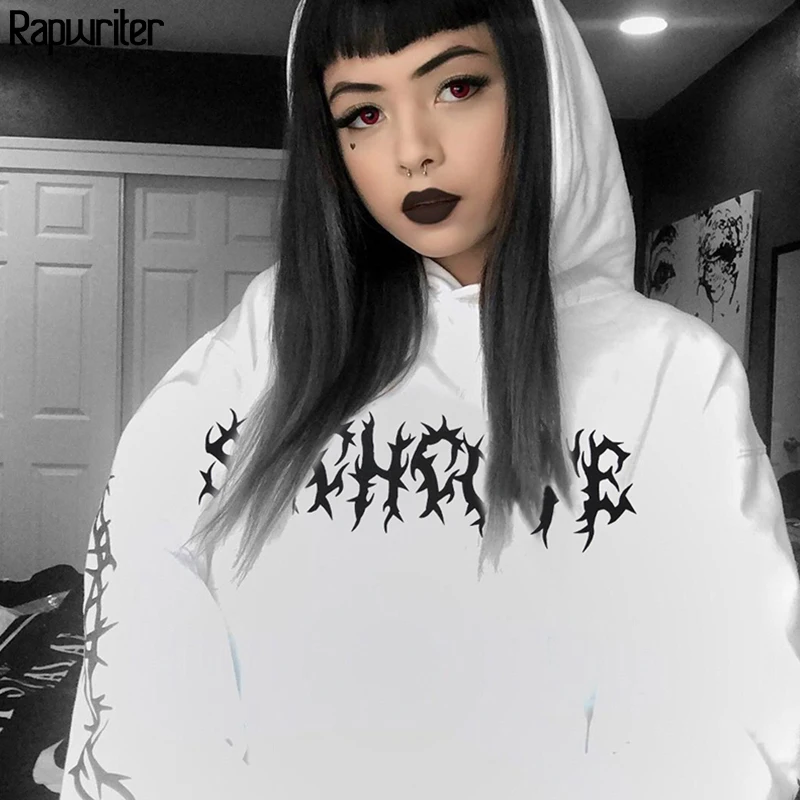 Rapwriter Gothic Thorns Print Drawstring Oversized White Hoodie Women 2020 Casual Loose Sweatshirt Long Sweatshirt Pullover Top