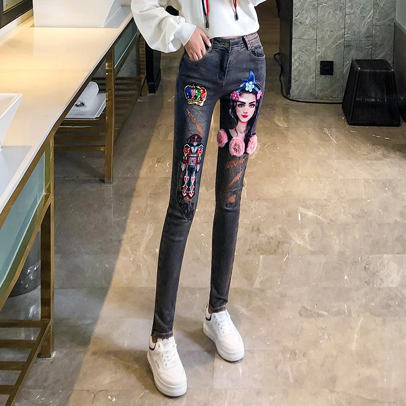 Skinny Stretch Pants Autumn Jeans Women New Embroidery Cartoon High Waist Slim Pencil Pants Girls Ladies Jeans Vaqueros De Mujer