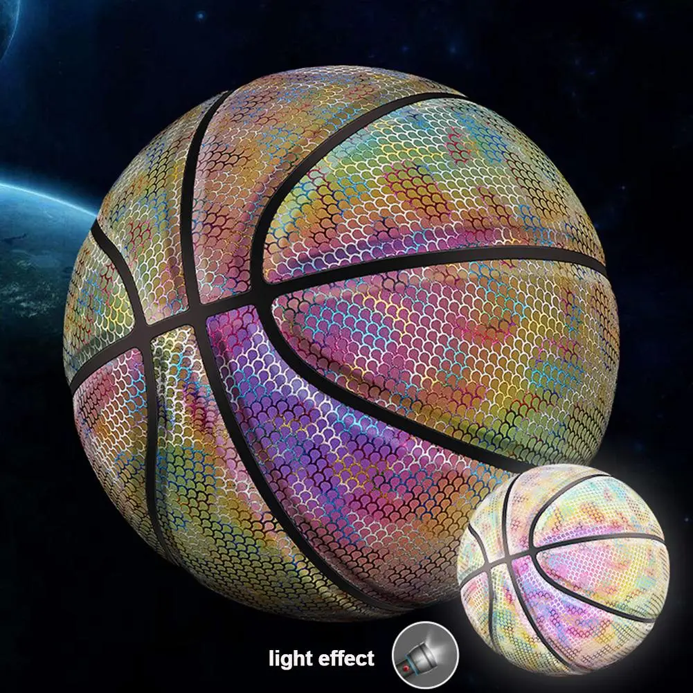 Bola de basquete reflexiva holográfica colorida couro do plutônio  desgastar-resistente jogo noturno rua basquete brilhante - AliExpress