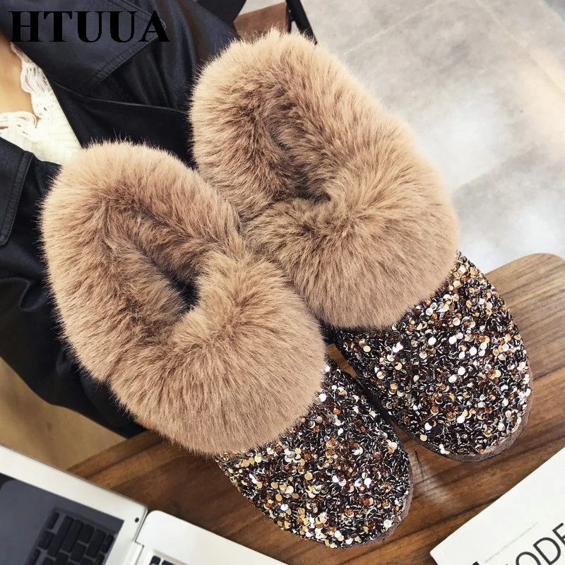 HTUUA Glisten/зимние сапоги из флока с блестками женские теплые плюшевые ботинки на