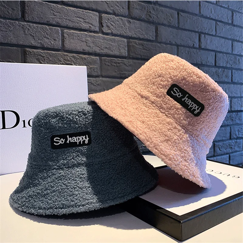 Double side PU Bucket Hat Winter Fisherman Hats Female Lamb Plush Basin