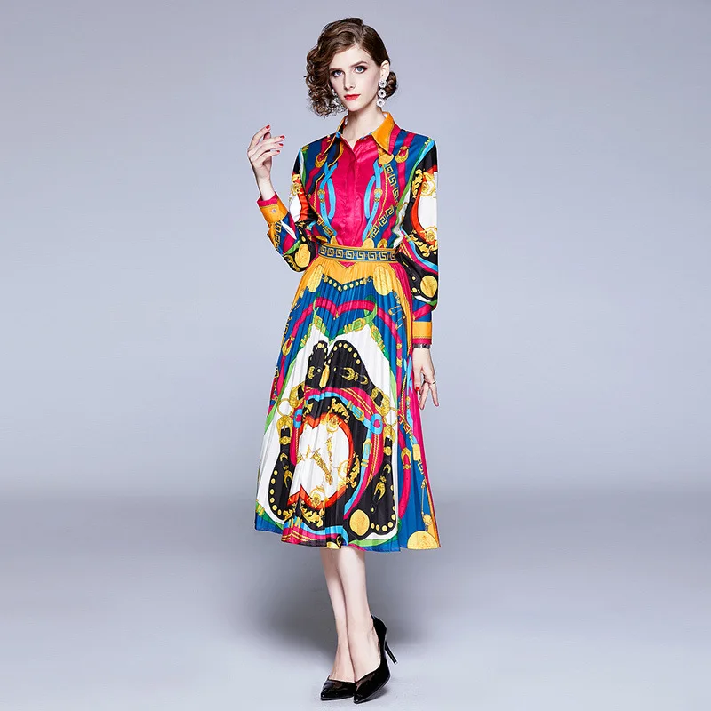 

3410 New Style WOMEN'S Dress Ozhouzhan Printed Long-sleeved Upper Garment + Pleated Mid-length Suit Dress