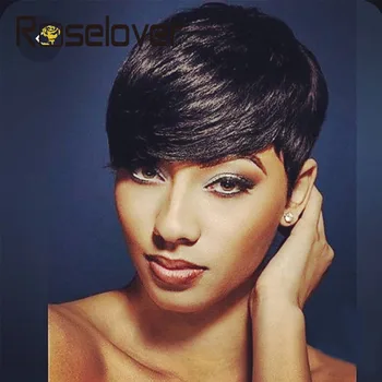 

Short Pixie Cut Wig Short Straight Bob Natural Black Color Human Hair Wig For Black Women With Bangs Full Machine Natural Remy