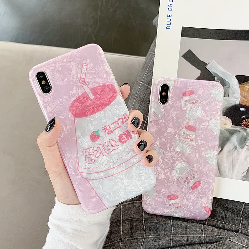 

Cute Strawberry Milk Pattern Cases For iphone XS Max Case For iphone X XR 6 S 7 8 Plus Soft Cover Fashion Candy Color Case