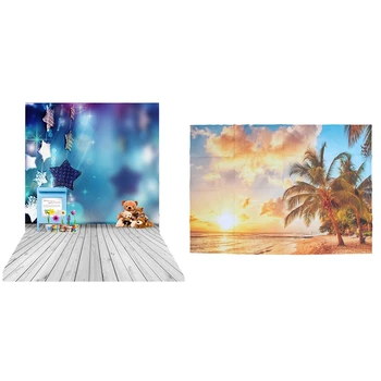 

2pcs Big Photography Background Backdrop - 1.5X2.1M Teddy Bear Potted Star Wooden Floor & 5X3Ft Beach Sunset Beauty
