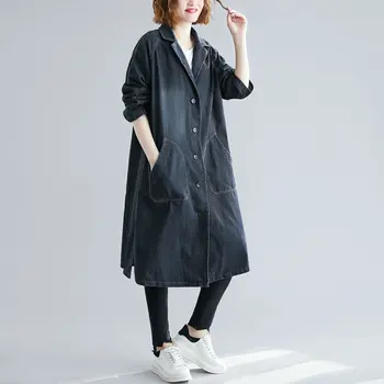 

Spring Fall Women Plus Size Denim Trench Coat Wide Waist Single Breasted Loose Long Denim Coat Casual Pocket Oversize Coat