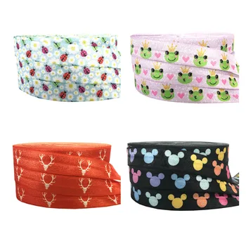 

10Yards 16mm Deer Head Cat Beetle Printed Fold over elastic Animal Frog FOE Handmade Accessories DIY Hair tie Party Decor ribbon