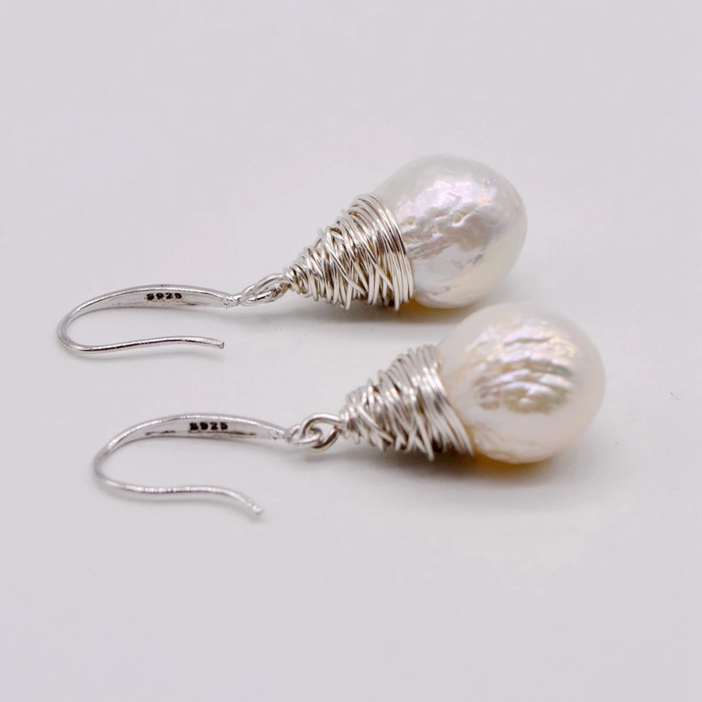 Baroque Pearl Earrings White Natural Freshwater Pearl 925 Sterling Silver Drop Earrings Handmade Large Pearl Drop Earrings Women