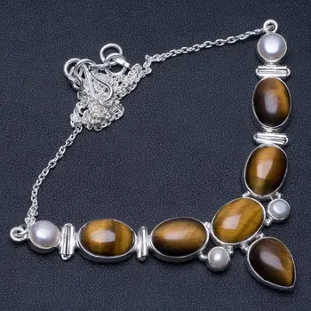 

Natural Tiger Eye and River Pearl Unique Design 925 Sterling Silver Necklace 17 3/4" P2544