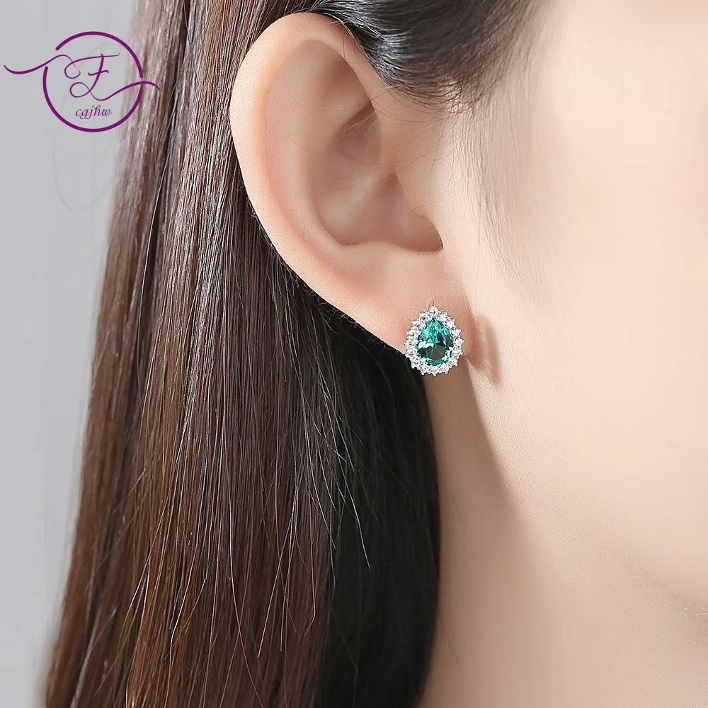 

S925 Sterling Silver Stud Earrings Emerald Sapphire Color Treasure Gemstone Earring Jewelry