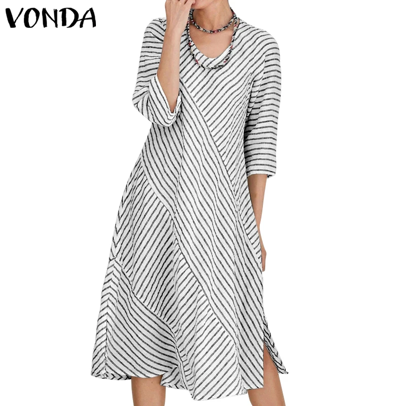 VONDA, женское платье, Femme,, платья для вечеринок, хлопок, с разрезом, по колено, платье, богемное, Vestidos, размера плюс, модное, Осеннее, сарафан