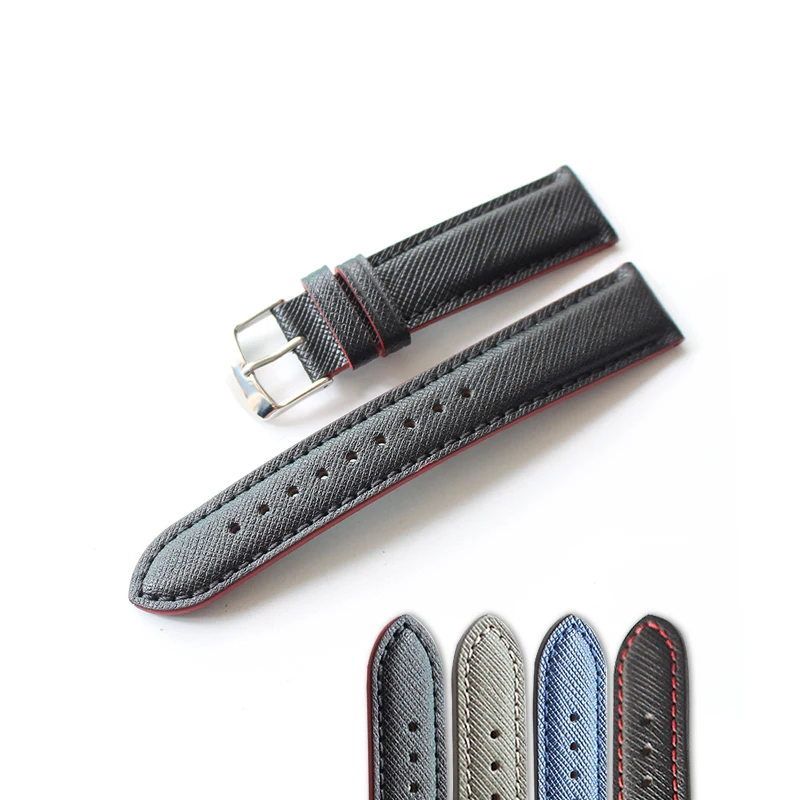 

Handmade Cross Grain Cow Leather Watch Strap 20 22MM Black Red String Retro Men's Soft Leather Watch Strap